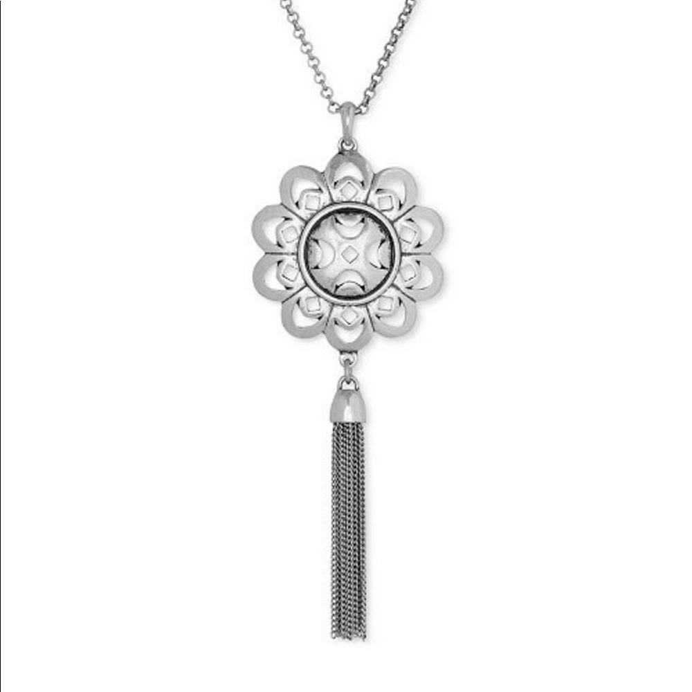 Lucky Brand Silver  Floral Tassel Long Necklace